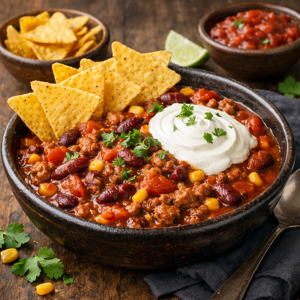 Chili con carne (Serveret med chips og creme fraiche )